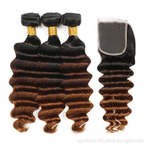 Ombre Loose Deep Hair  Bundles with Closure 1b/4/30 Brazilian Virgin Human Hair Weave Bundles with 4x4 Lace Closure